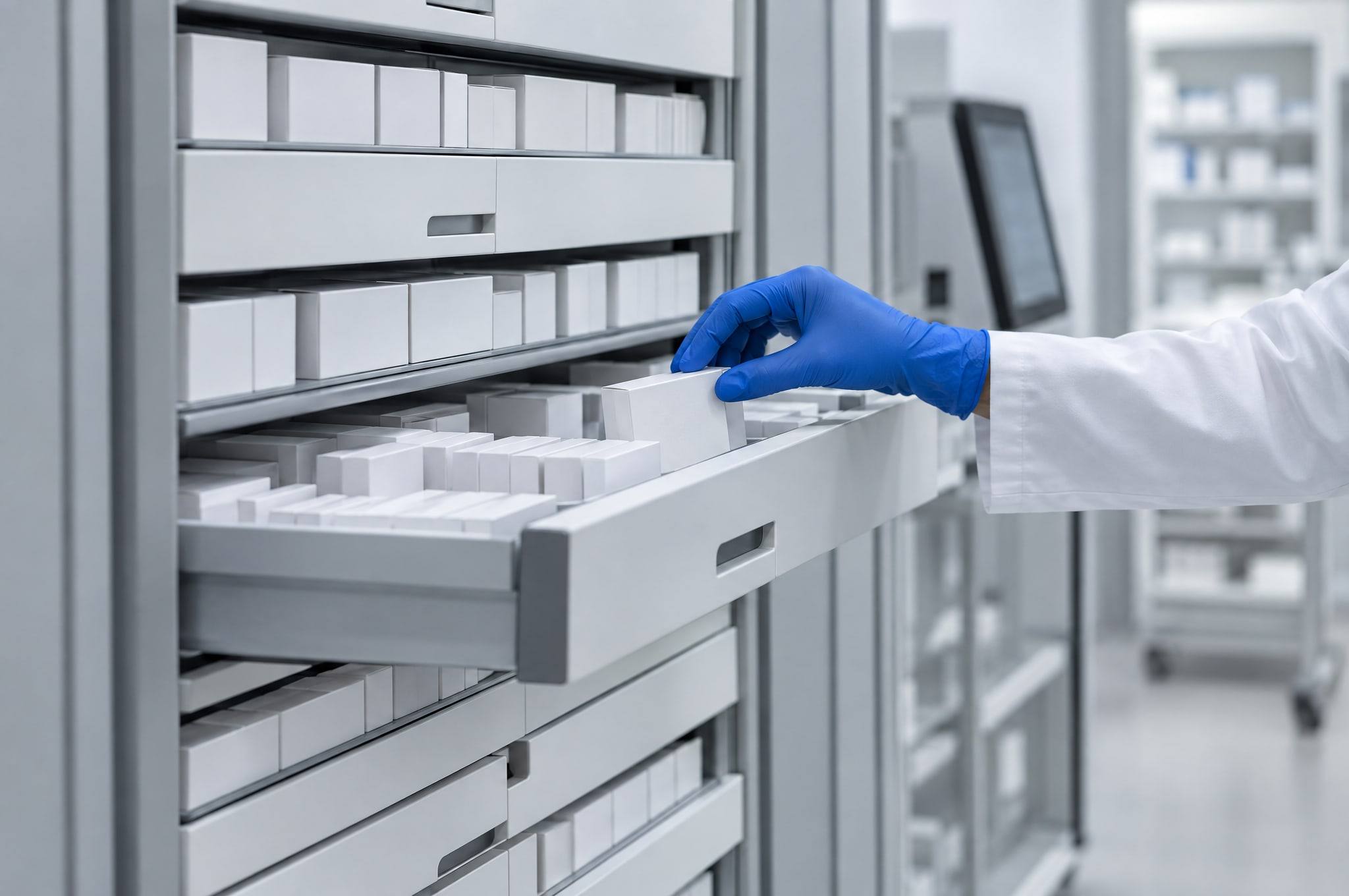 A blue-gloved hand takes medicine from an automated cabinet