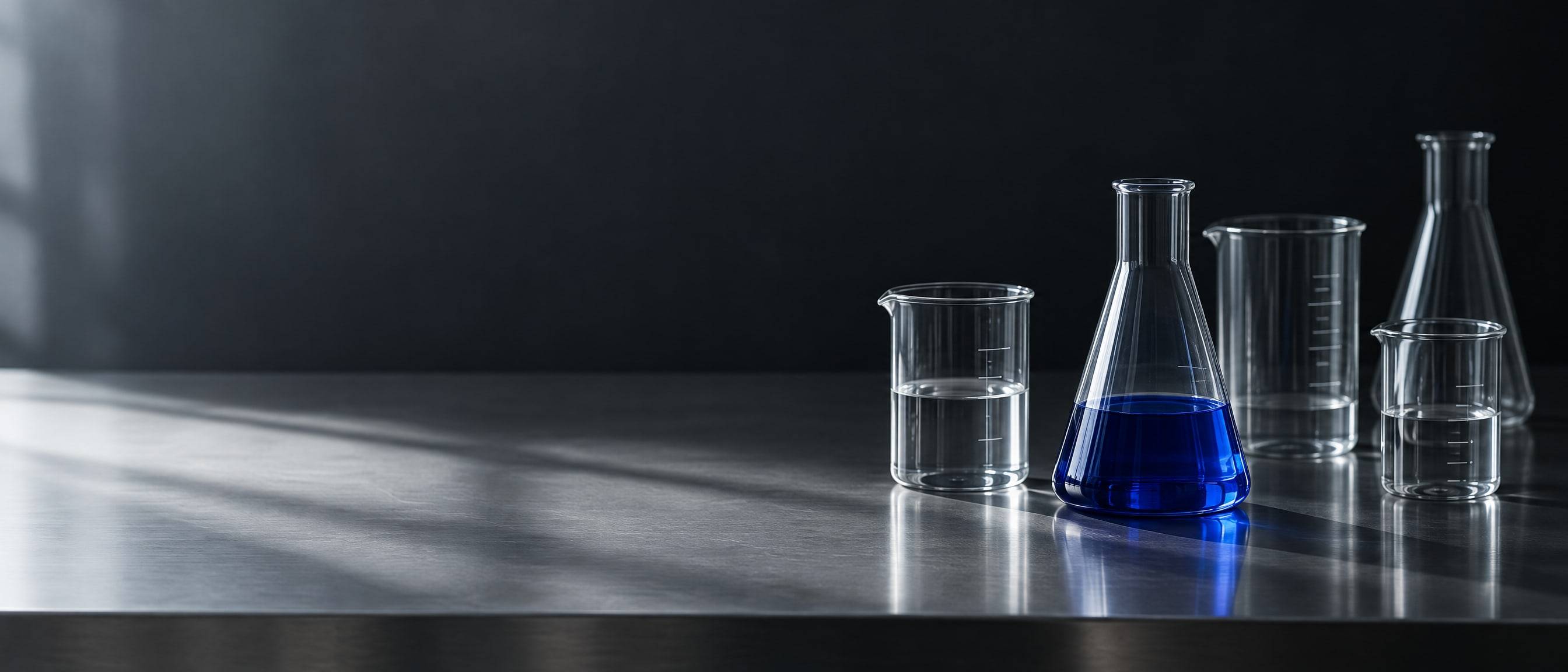Laboratory glassware on a stainless steel bench