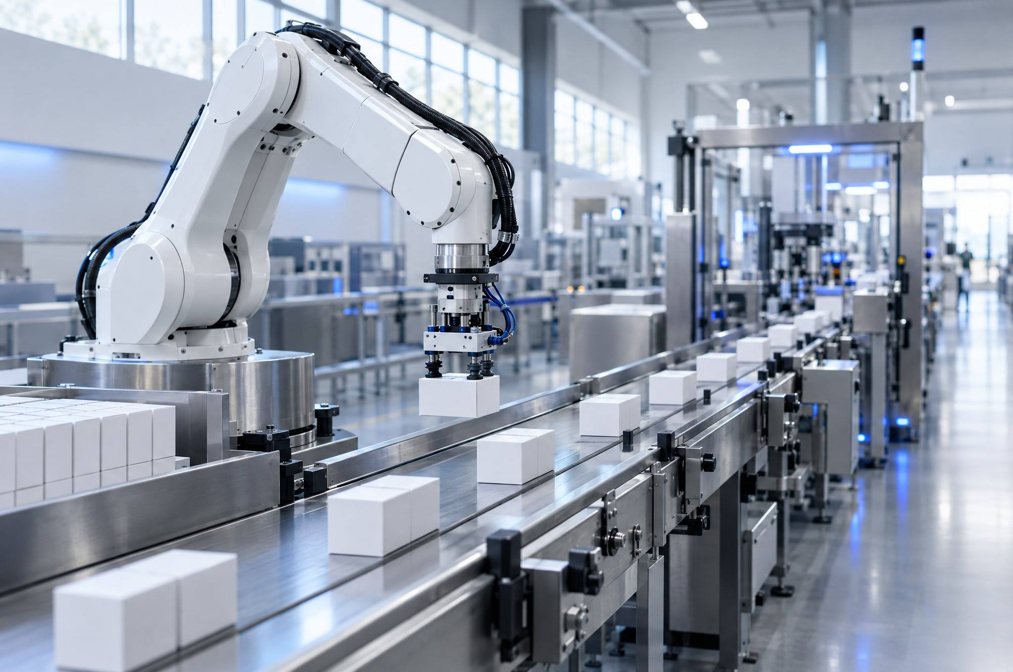 A white robotic arm placing cartons on a packaging line