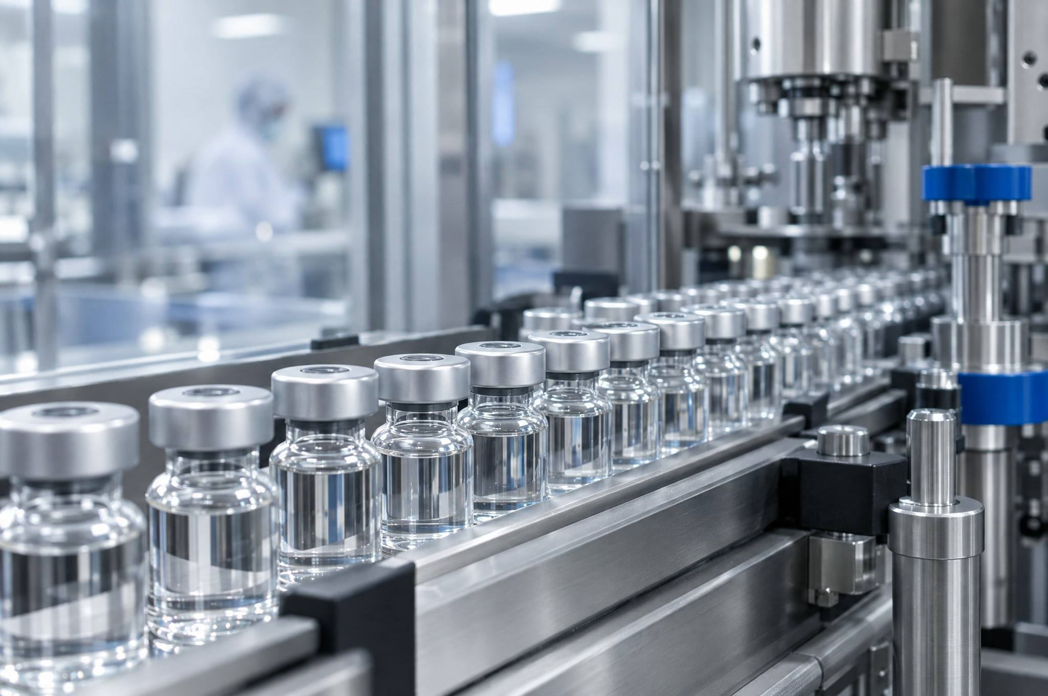 Glass vials on an aseptic filling line