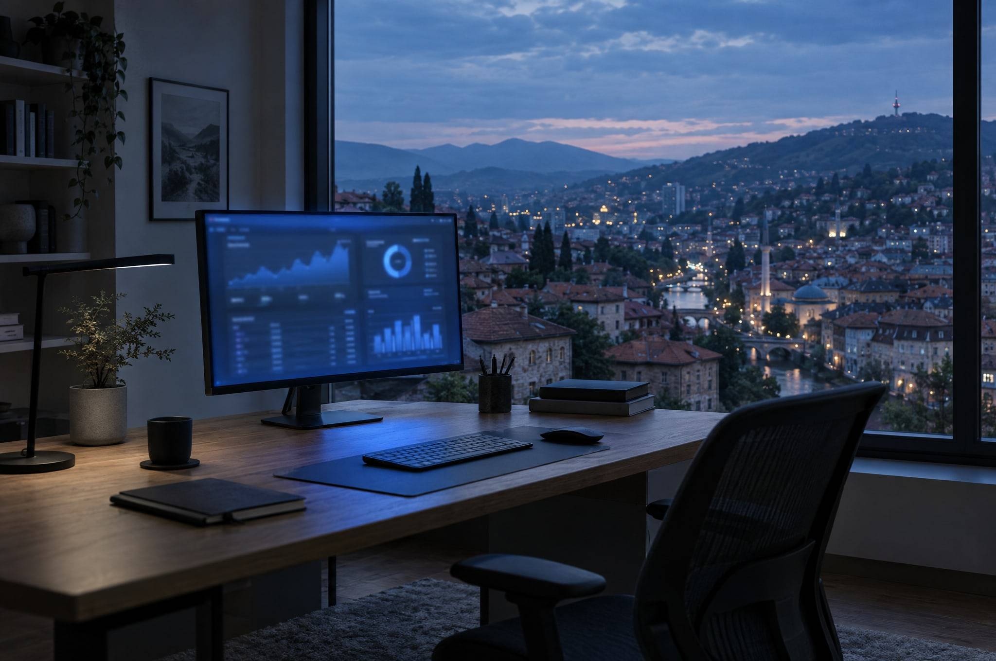 A workspace overlooking Sarajevo at dusk